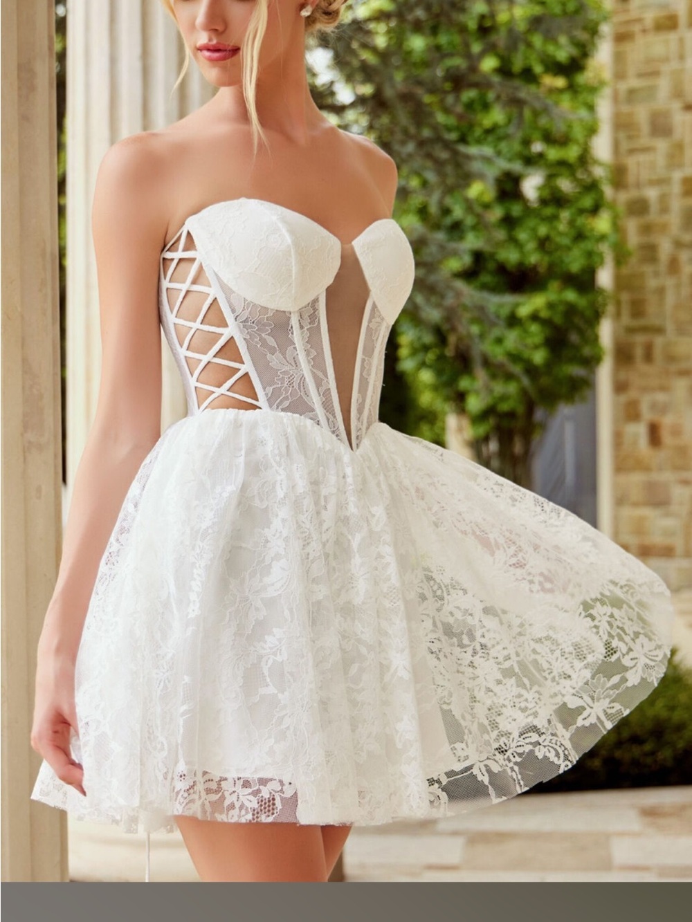 Jovani White Lace Strapless Mini Dress